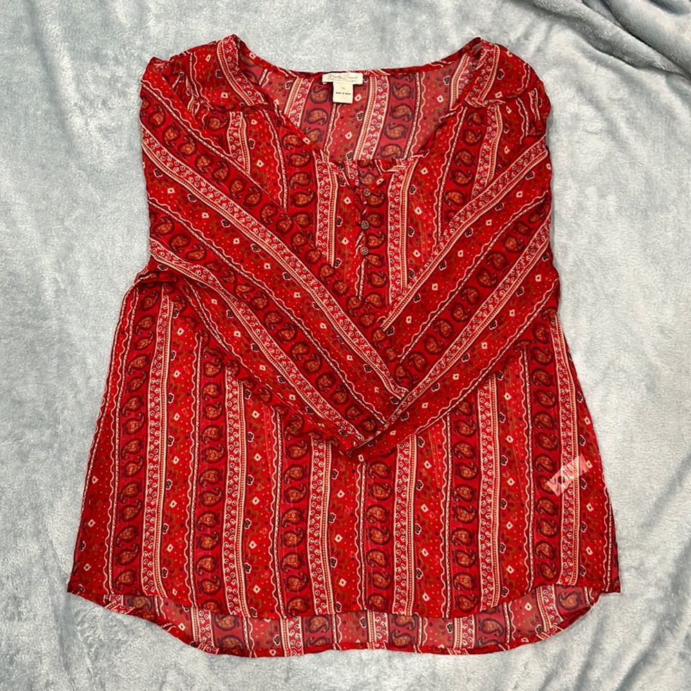 Lucky Brand Red Semi Sheer Paisley Boho Top
